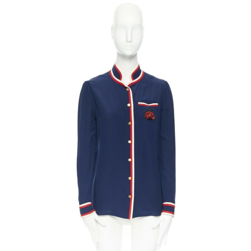 Gucci GUCCI navy tricolour ladybird ladybug embellish brooch badge silk shirt IT36 XXS Size XS / US 0-2 / IT 36-38 - 3 Thumbnail