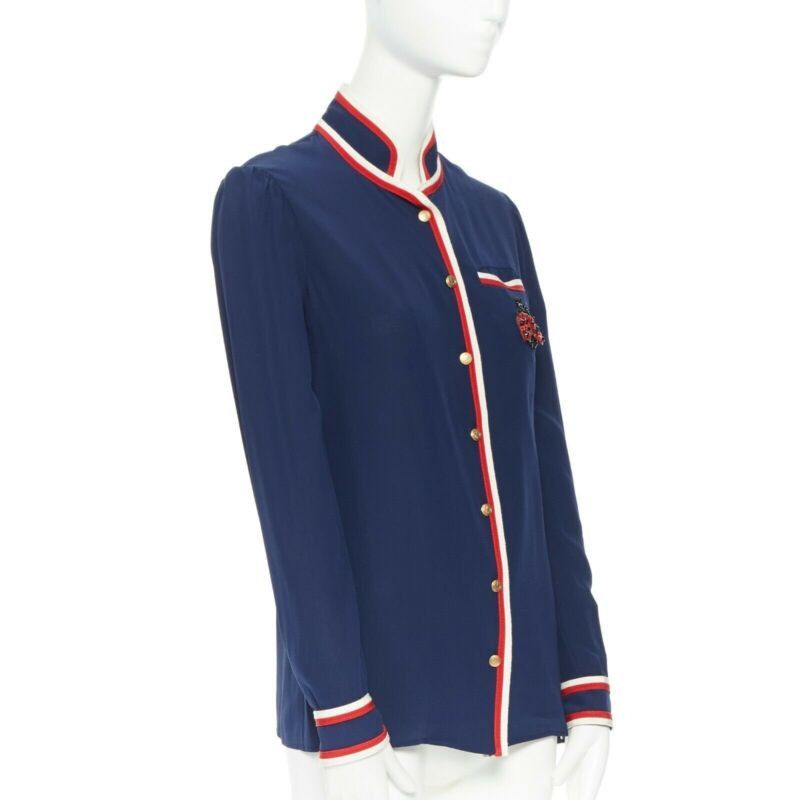 Gucci GUCCI navy tricolour ladybird ladybug embellish brooch badge silk shirt IT36 XXS Size XS / US 0-2 / IT 36-38 - 4 Thumbnail