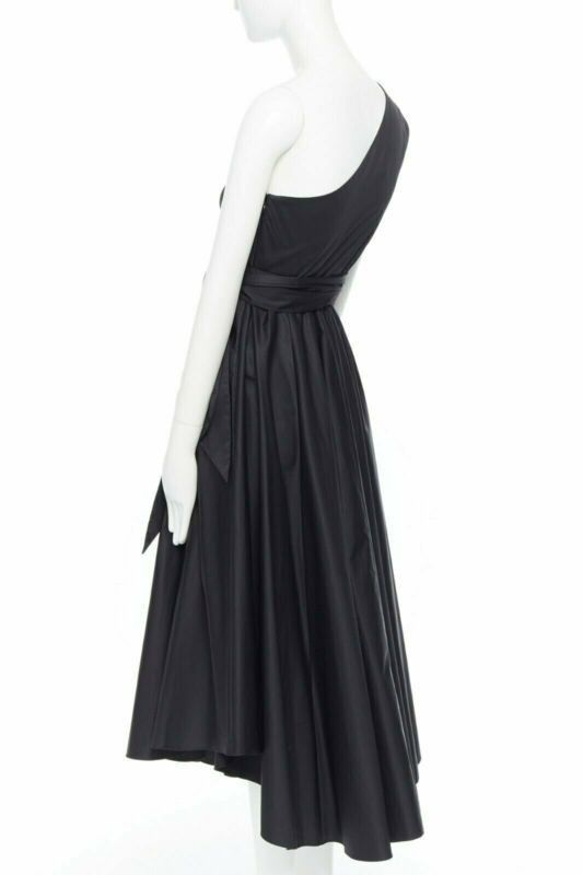 Tibi TIBI black cotton fit flare dress one shoulder asymmetrical pleat skirt US0 XS Size 26" / US 2 / IT 38 - 5 Thumbnail