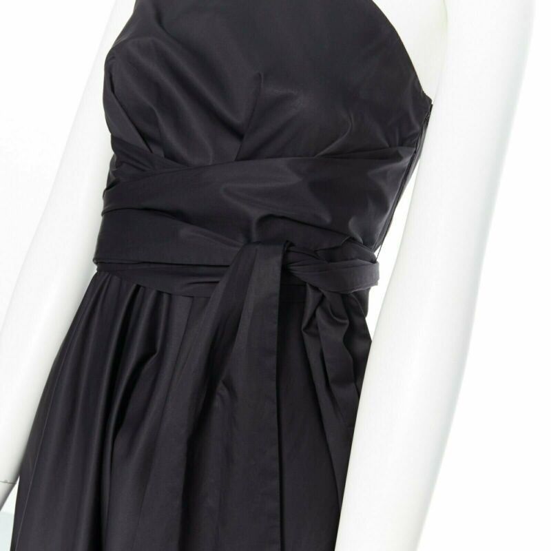 Tibi TIBI black cotton fit flare dress one shoulder asymmetrical pleat skirt US0 XS Size 26" / US 2 / IT 38 - 2 Thumbnail
