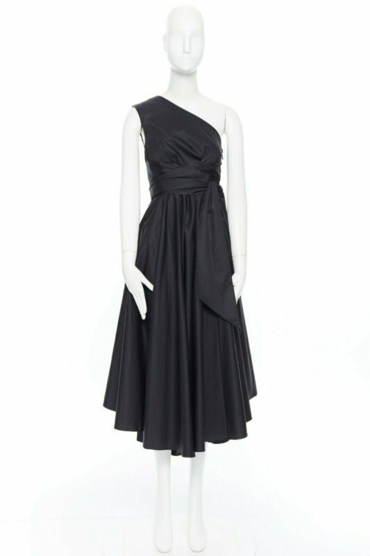Tibi TIBI black cotton fit flare dress one shoulder asymmetrical pleat skirt US0 XS Size 26" / US 2 / IT 38 - 9 Thumbnail