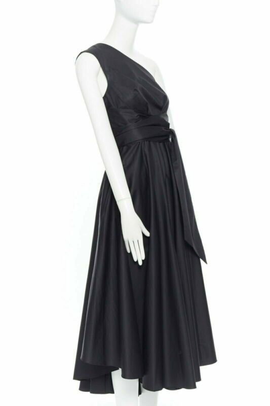 Tibi TIBI black cotton fit flare dress one shoulder asymmetrical pleat skirt US0 XS Size 26" / US 2 / IT 38 - 3 Thumbnail