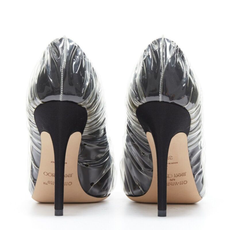 Jimmy Choo OFF-WHITE JIMMY CHOO black satin point transparent ruche high heel shoes EU38 Size US 8 / IT 38 - 5 Thumbnail