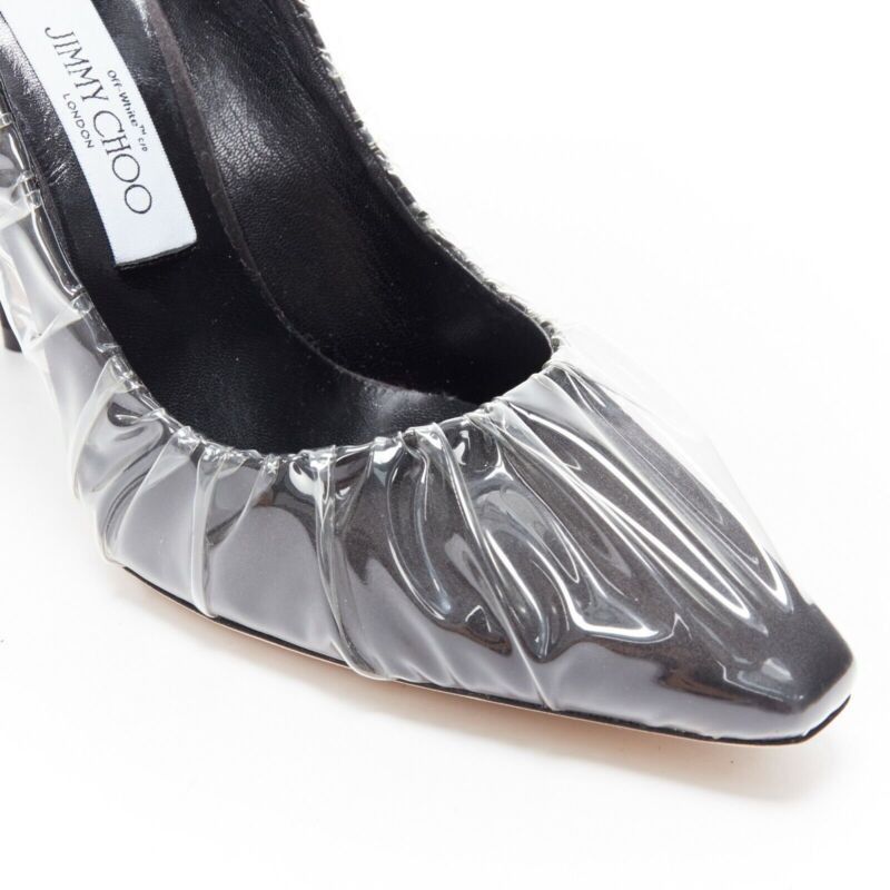 Jimmy Choo OFF-WHITE JIMMY CHOO black satin point transparent ruche high heel shoes EU38 Size US 8 / IT 38 - 7 Thumbnail