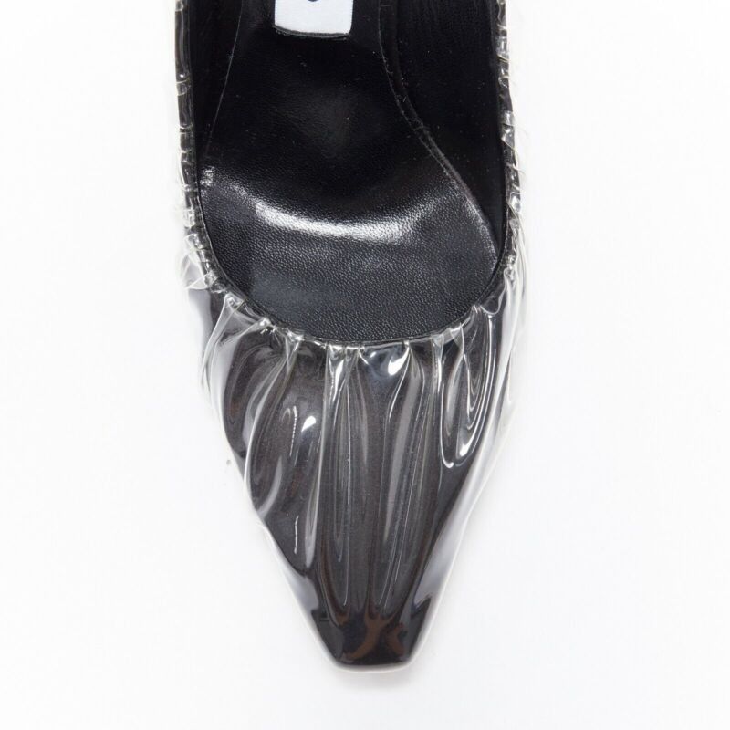 Jimmy Choo OFF-WHITE JIMMY CHOO black satin point transparent ruche high heel shoes EU38 Size US 8 / IT 38 - 6 Thumbnail