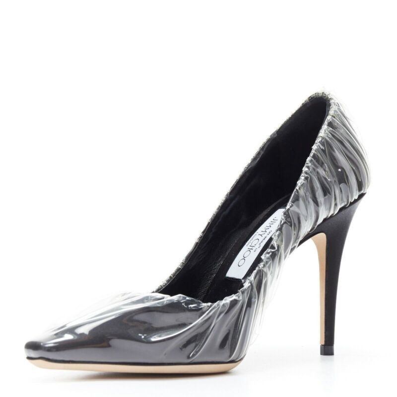 Jimmy Choo OFF-WHITE JIMMY CHOO black satin point transparent ruche high heel shoes EU38 Size US 8 / IT 38 - 4 Thumbnail