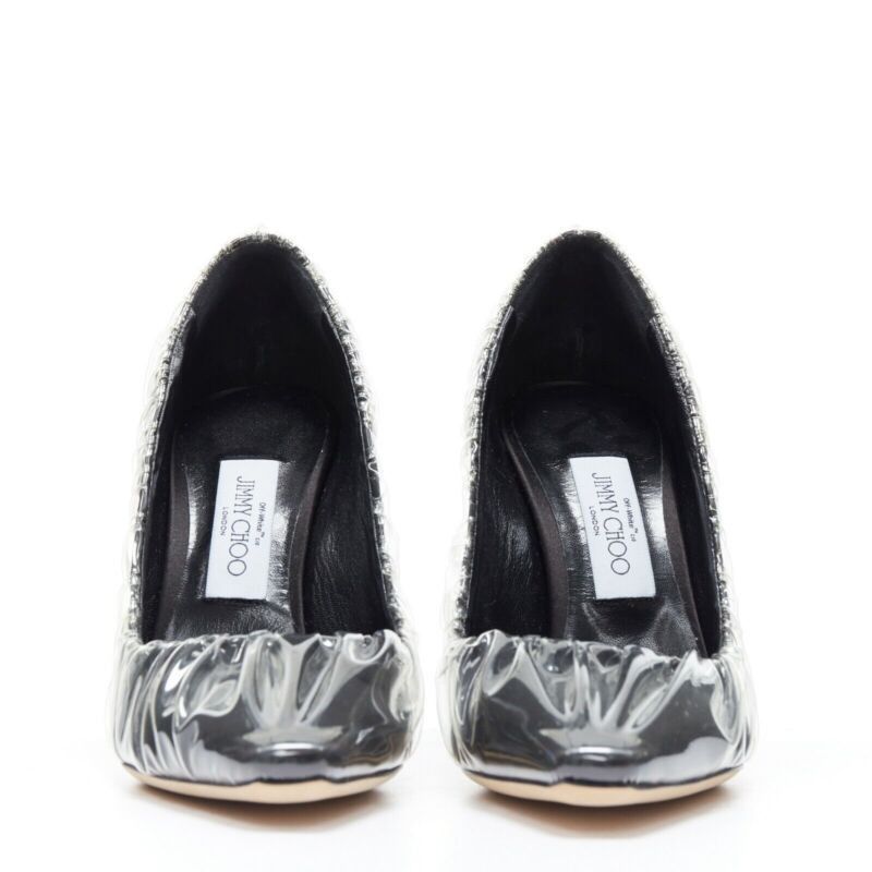 Jimmy Choo OFF-WHITE JIMMY CHOO black satin point transparent ruche high heel shoes EU38 Size US 8 / IT 38 - 3 Thumbnail