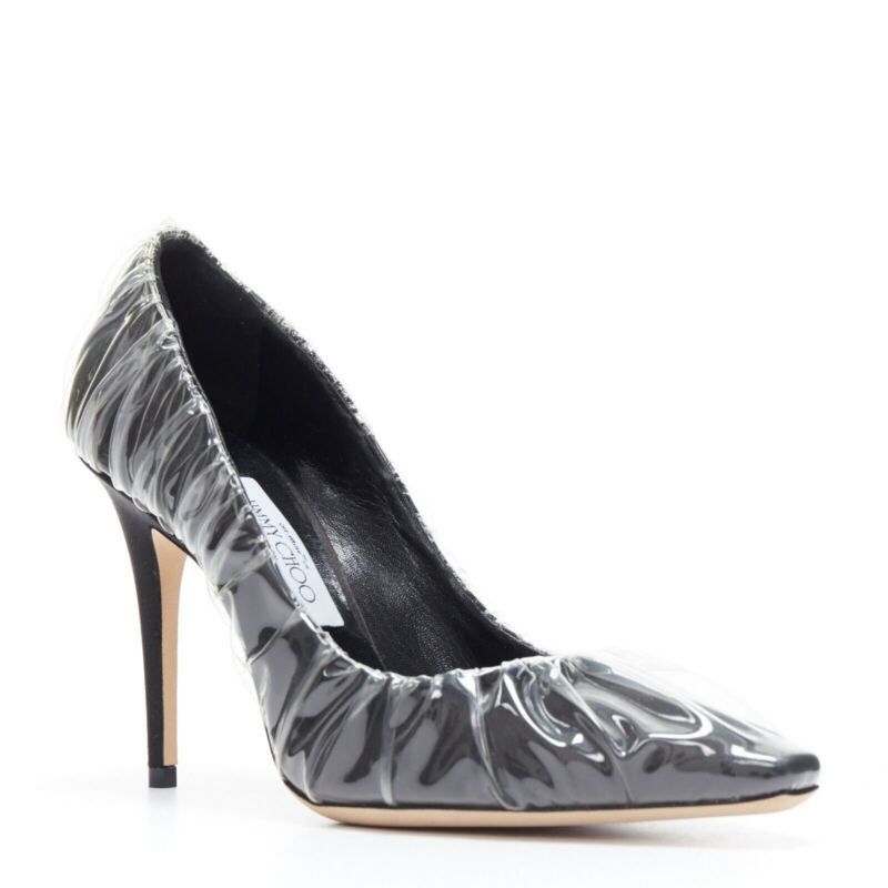 Jimmy Choo OFF-WHITE JIMMY CHOO black satin point transparent ruche high heel shoes EU38 Size US 8 / IT 38 - 2 Thumbnail
