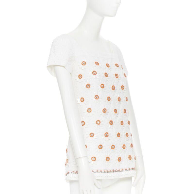 Moschino MOSCHINO white cloque cotton orange bead crystal floral embellished top IT38 Size XS / US 0-2 / IT 36-38 - 4 Thumbnail