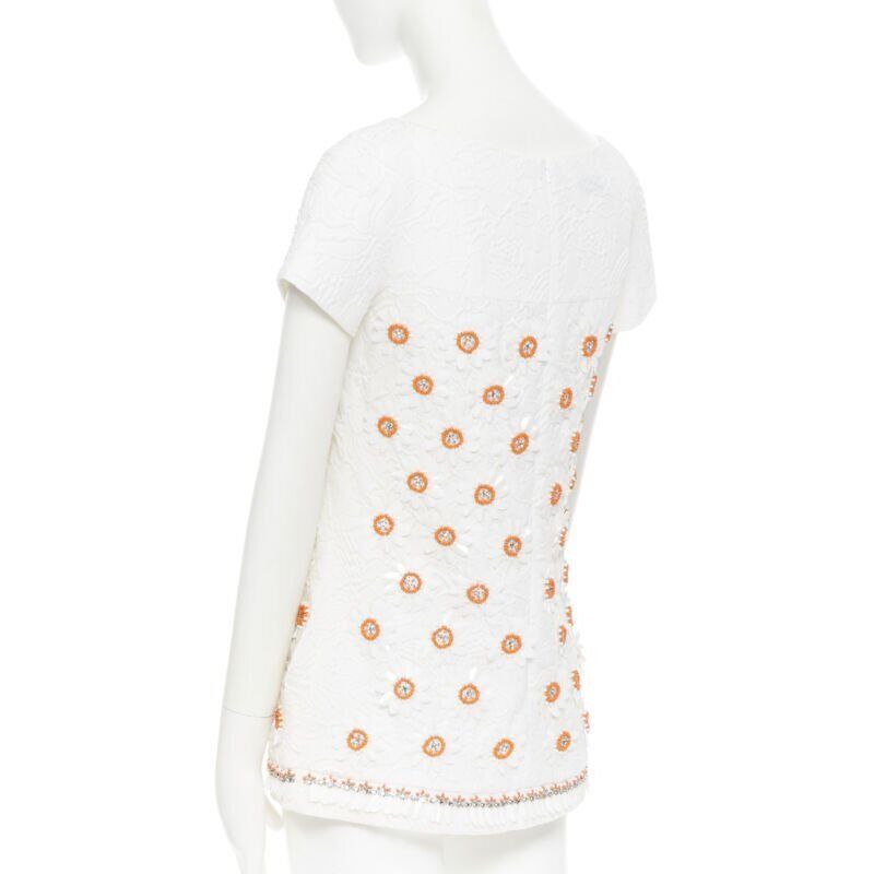 Moschino MOSCHINO white cloque cotton orange bead crystal floral embellished top IT38 Size XS / US 0-2 / IT 36-38 - 7 Thumbnail