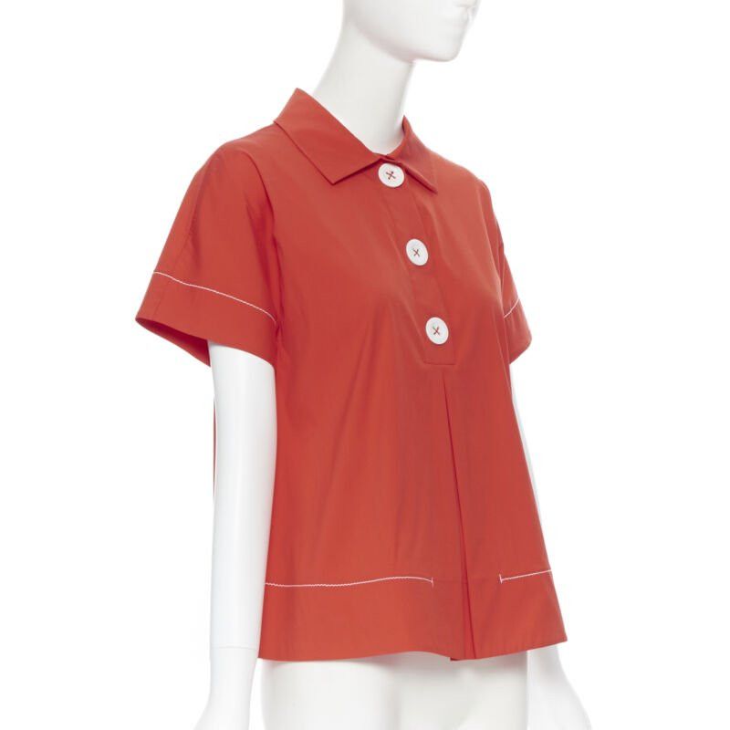 Piazza Sempione PIAZZA SEMPIONE red cotton blend white overstitch babydoll blouse top IT38 Size XS / US 0-2 / IT 36-38 - 4 Thumbnail