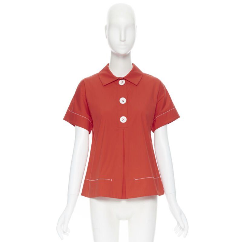 Piazza Sempione PIAZZA SEMPIONE red cotton blend white overstitch babydoll blouse top IT38 Size XS / US 0-2 / IT 36-38 - 3 Thumbnail