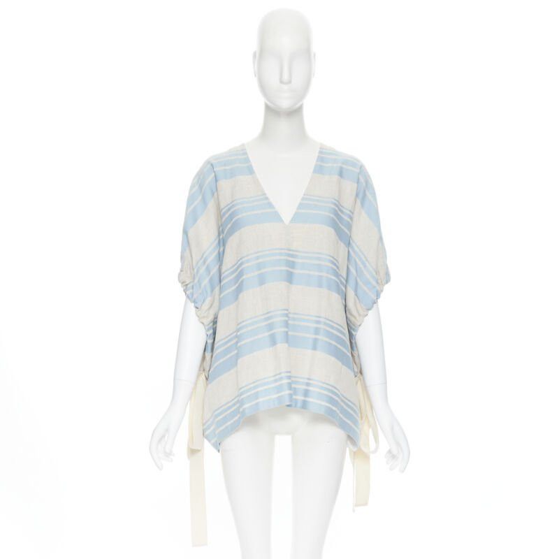 Lee Mathews LEE MATTHEWS light grey blue striped linen cotton drawstring poncho top US0 XS Size XS / US 0-2 / IT 36-38 - 3 Thumbnail