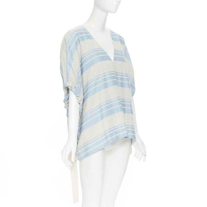 Lee Mathews LEE MATTHEWS light grey blue striped linen cotton drawstring poncho top US0 XS Size XS / US 0-2 / IT 36-38 - 4 Thumbnail
