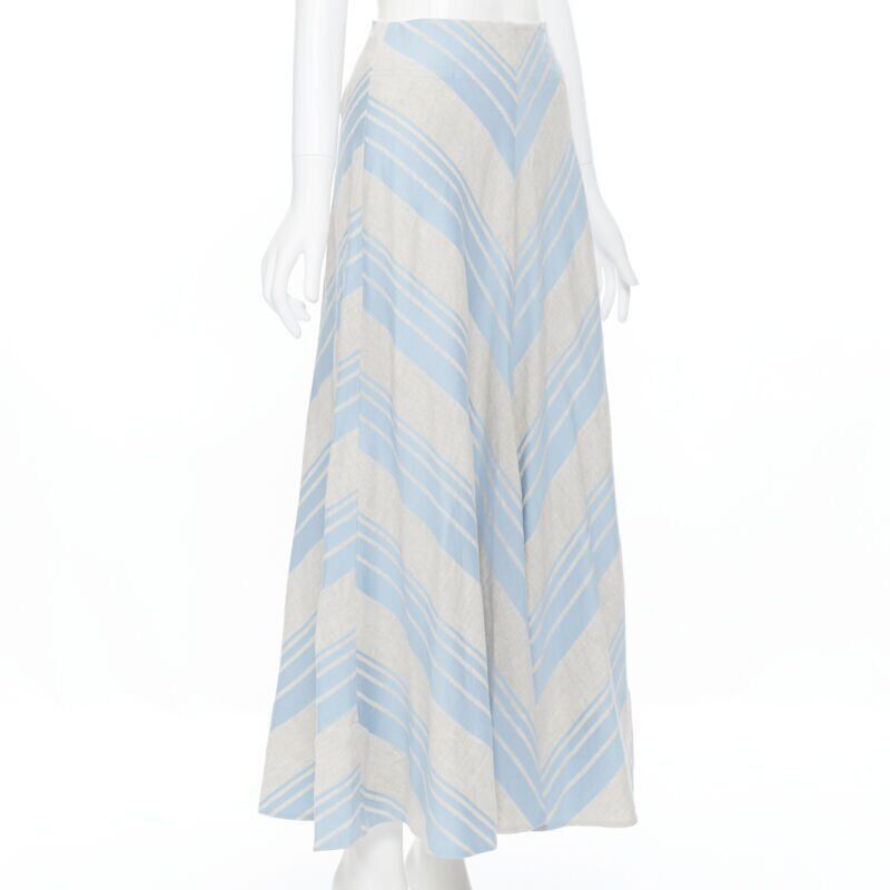 Lee Mathews LEE MATTHEWS light grey blue striped linen cotton flared midi casual skirt US0 Size 25" / US 0 / IT 36 - 4 Thumbnail