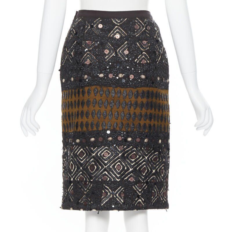 Oscar De La Renta OSCAR DE LA RENTA 2008 brown raffia sequins embellished jacquard skirt US0 24" Size 25" / US 0 / IT 36 - 6 Thumbnail
