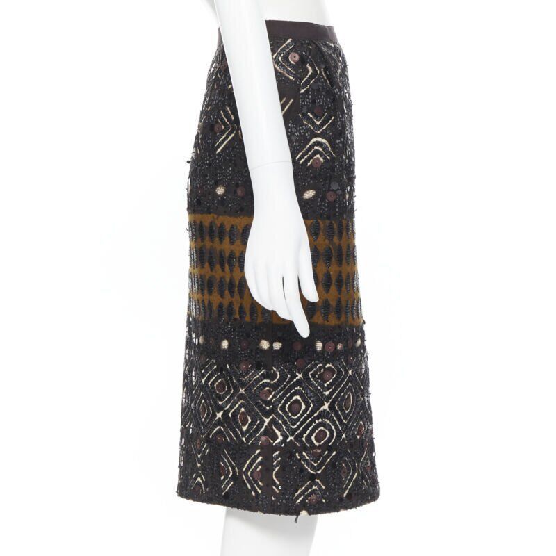 Oscar De La Renta OSCAR DE LA RENTA 2008 brown raffia sequins embellished jacquard skirt US0 24" Size 25" / US 0 / IT 36 - 5 Thumbnail