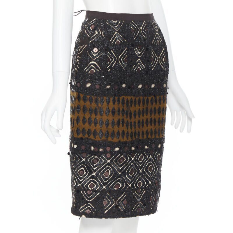 Oscar De La Renta OSCAR DE LA RENTA 2008 brown raffia sequins embellished jacquard skirt US0 24" Size 25" / US 0 / IT 36 - 4 Thumbnail