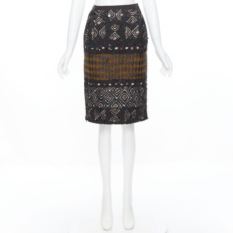 Oscar De La Renta OSCAR DE LA RENTA 2008 brown raffia sequins embellished jacquard skirt US0 24" Size 25" / US 0 / IT 36 - 3 Thumbnail