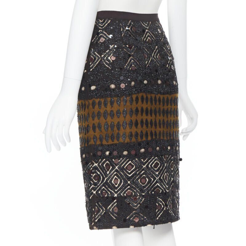 Oscar De La Renta OSCAR DE LA RENTA 2008 brown raffia sequins embellished jacquard skirt US0 24" Size 25" / US 0 / IT 36 - 7 Thumbnail