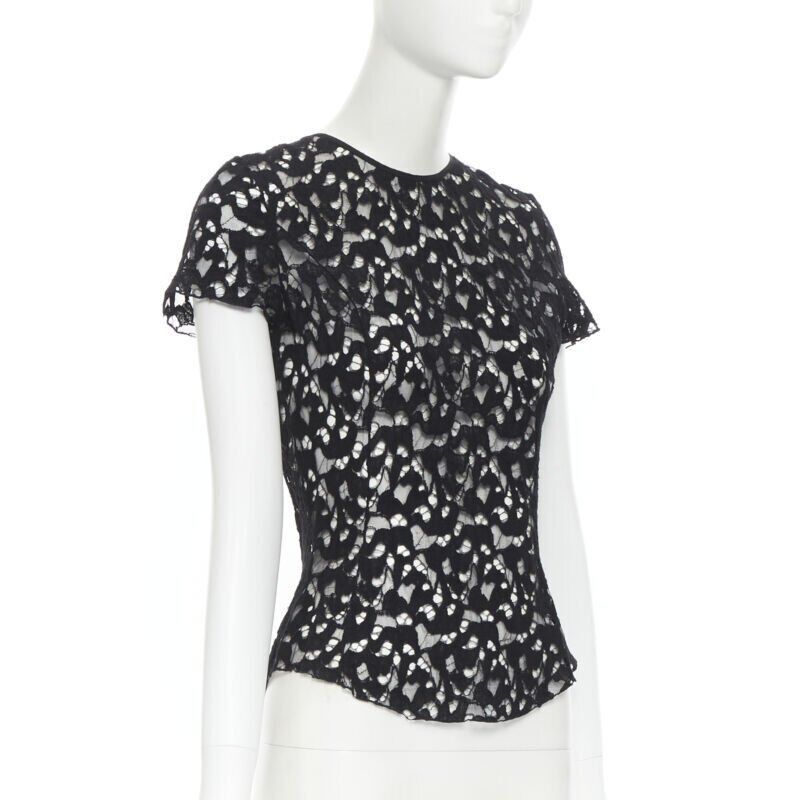 Nina Ricci NINA RICCI black sheer lace cap sleeve zip back T-shirt top FR40 XS Size S / US 4 / IT 40 - 3 Thumbnail