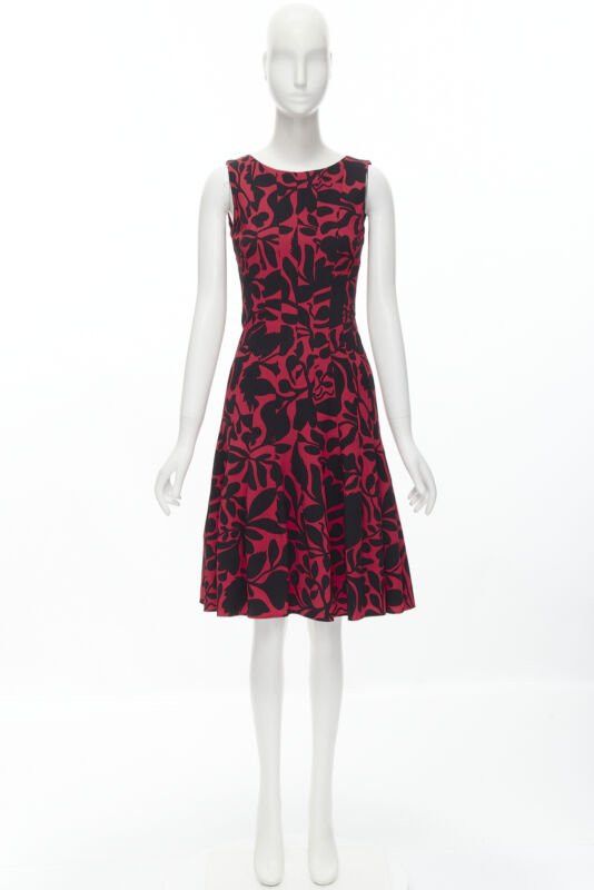 Oscar De La Renta OSCAR DE LA RENTA red black floral print panelled fit flared dress XS Size XS / US 0-2 / IT 36-38 - 10 Thumbnail