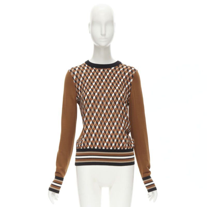 Michael Kors MICHAEL KORS COLLECTION brown merino wool cube print silk panel swaeter XS Size XS / US 0-2 / IT 36-38 - 9 Thumbnail