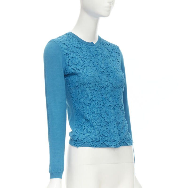 Valentino VALENTINO blue floral lace front wool silk cashmere cardigan sweater S Size S / US 4 / IT 40 - 3 Thumbnail