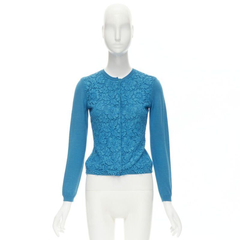 Valentino VALENTINO blue floral lace front wool silk cashmere cardigan sweater S Size S / US 4 / IT 40 - 9 Thumbnail