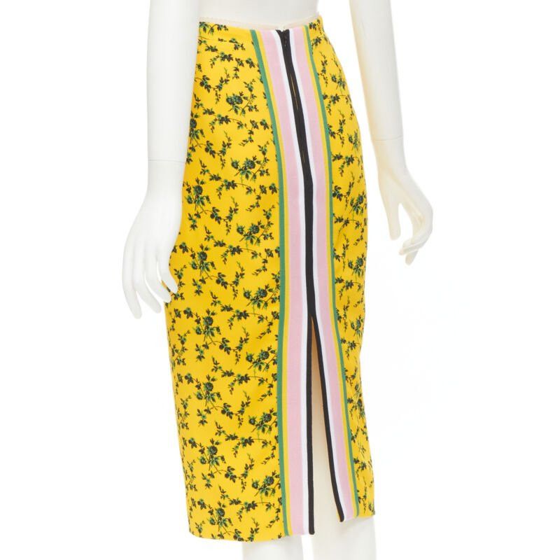 No. 21 NO 21 yellow green leaf print contrast pink band pencil skirt IT38 XS Size 26" / US 2 / IT 38 - 2 Thumbnail
