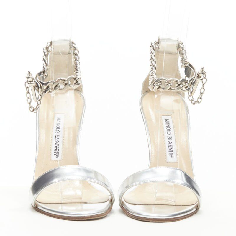Manolo Blahnik MANOLO BLAHNIK silver chunky chain lock ankle strap high heel sandal EU37 US7 Size US 7 / IT 37 - 4 Thumbnail