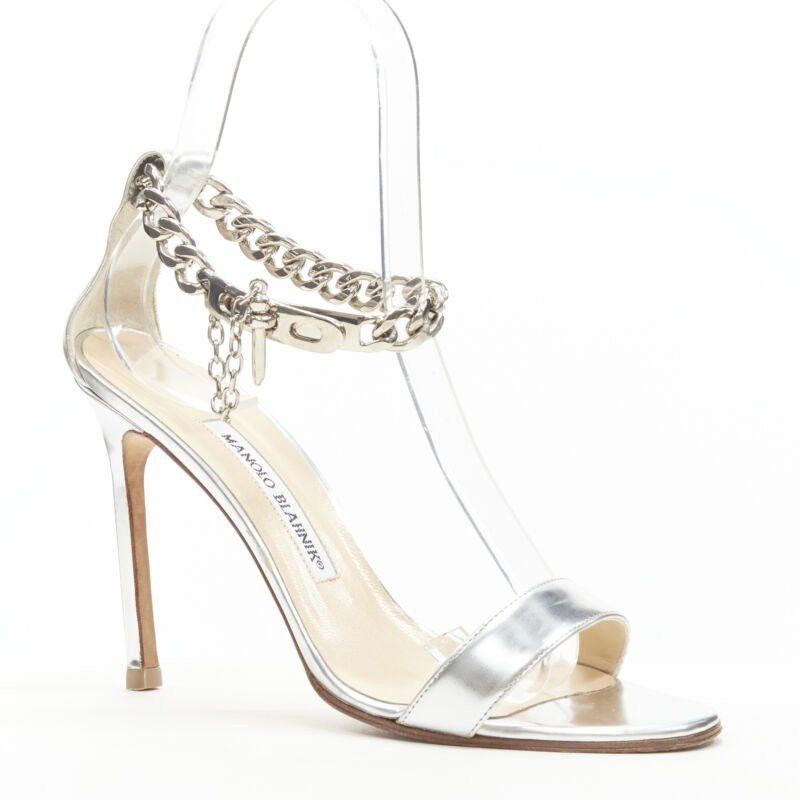 Manolo Blahnik MANOLO BLAHNIK silver chunky chain lock ankle strap high heel sandal EU37 US7 Size US 7 / IT 37 - 3 Thumbnail