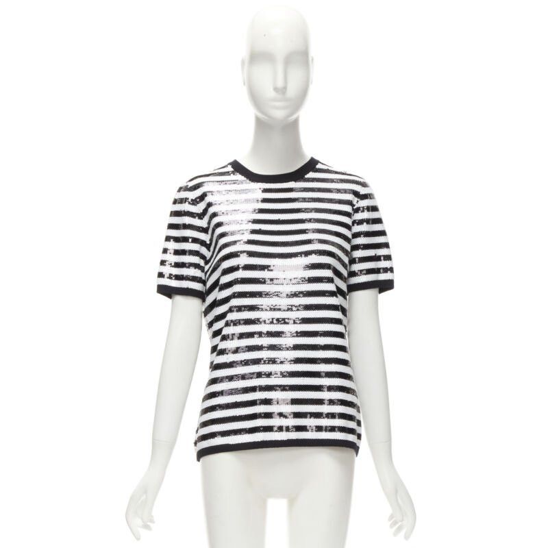 Michael Kors MICHAEL KORS COLLECTION 100% merino wool black white sequins striped boxy top XS Size XS / US 0-2 / IT 36-38 - 9 Thumbnail