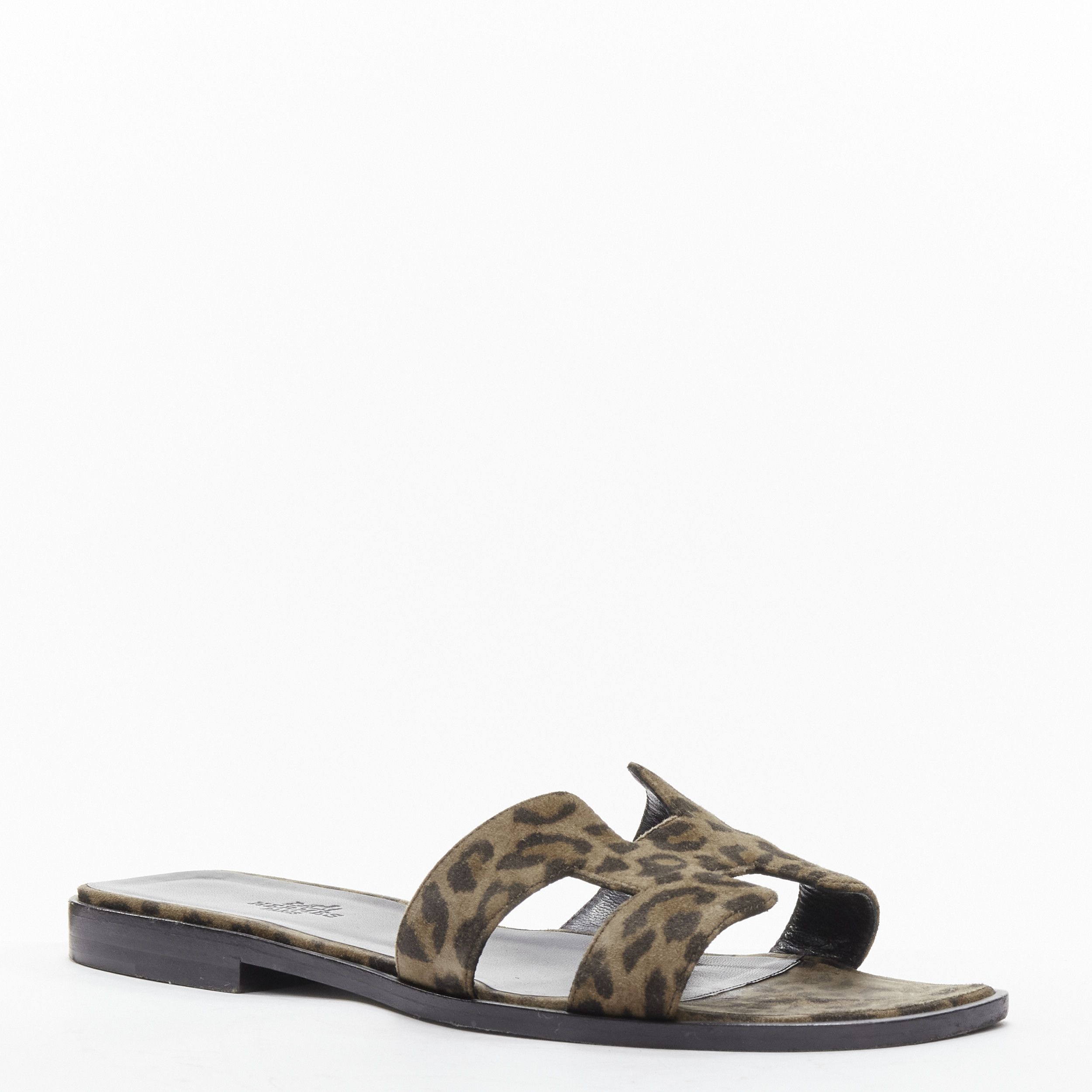 Hermes HERMES Oran H logo signature brown leopard print leather sandals EU37 Size US 7 / IT 37 - 3 Thumbnail
