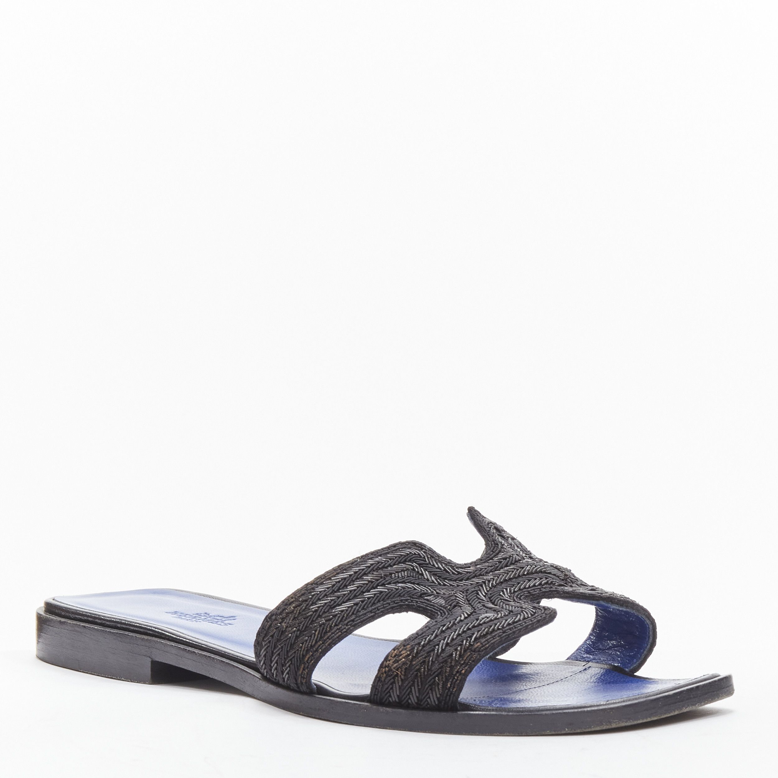 Hermes HERMES Oran H logo iconic black beaded blue insole sandals shoes EU 37 Size US 7 / IT 37 - 3 Thumbnail
