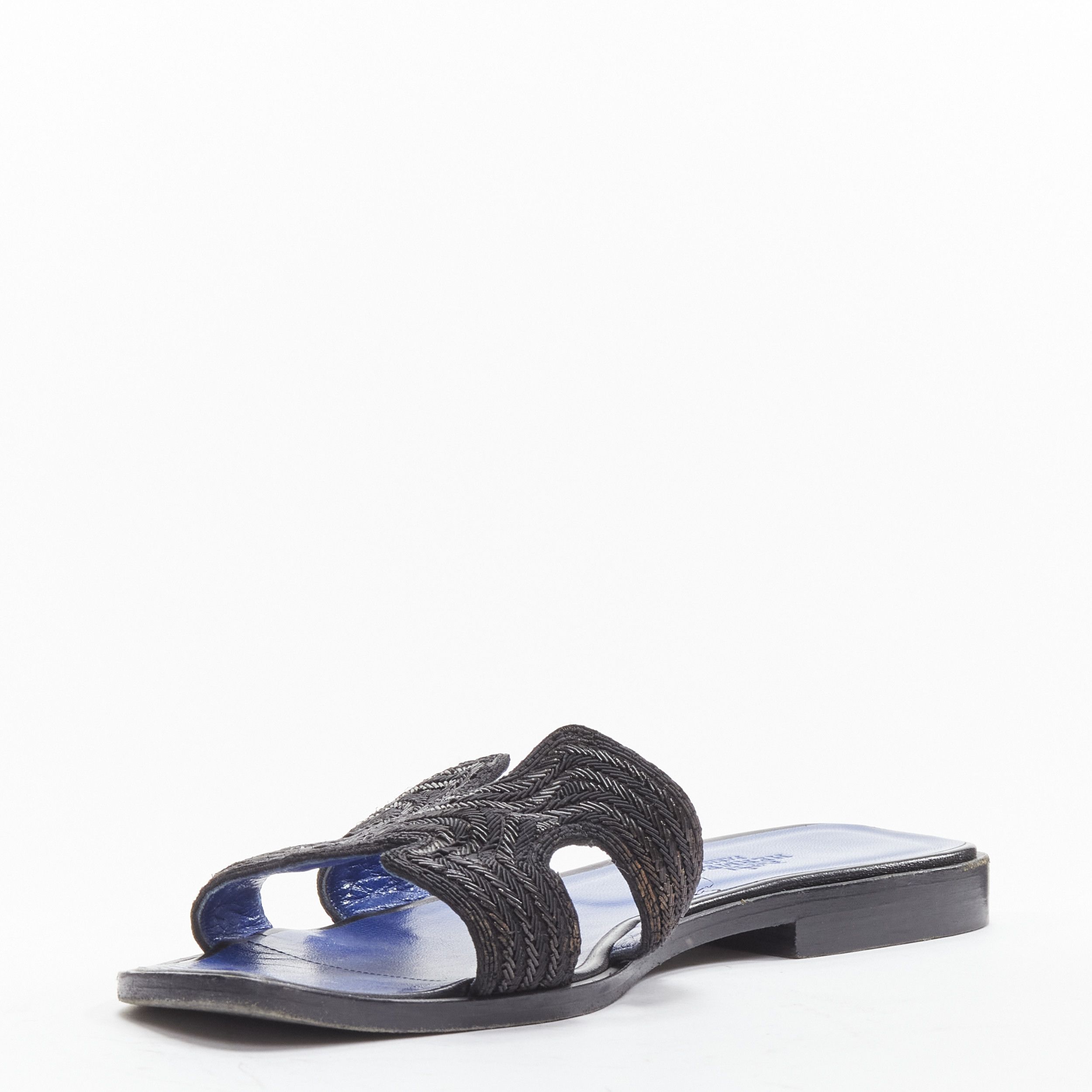 Hermes HERMES Oran H logo iconic black beaded blue insole sandals shoes EU 37 Size US 7 / IT 37 - 4 Thumbnail