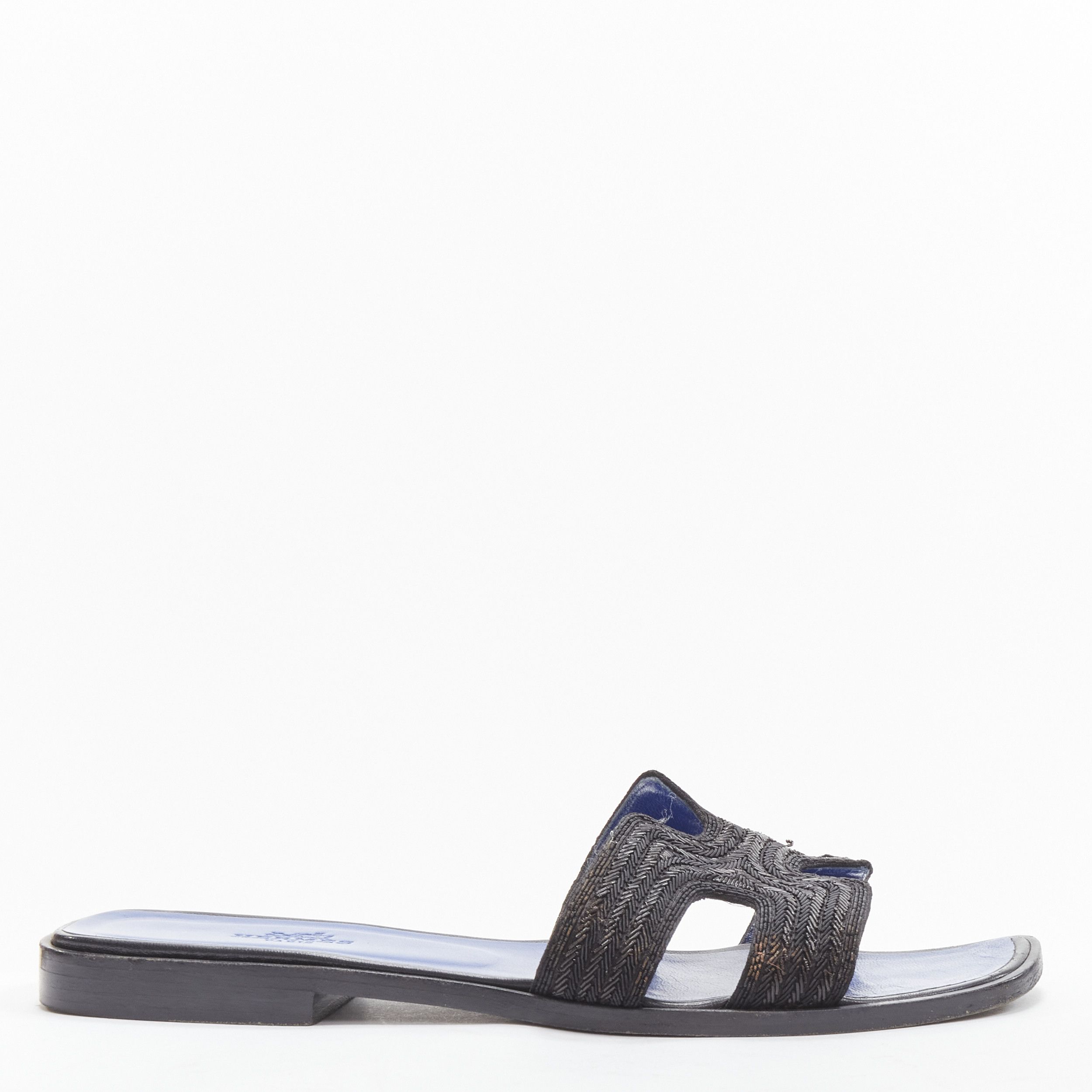 Hermes HERMES Oran H logo iconic black beaded blue insole sandals shoes EU 37 Size US 7 / IT 37 - 2 Thumbnail