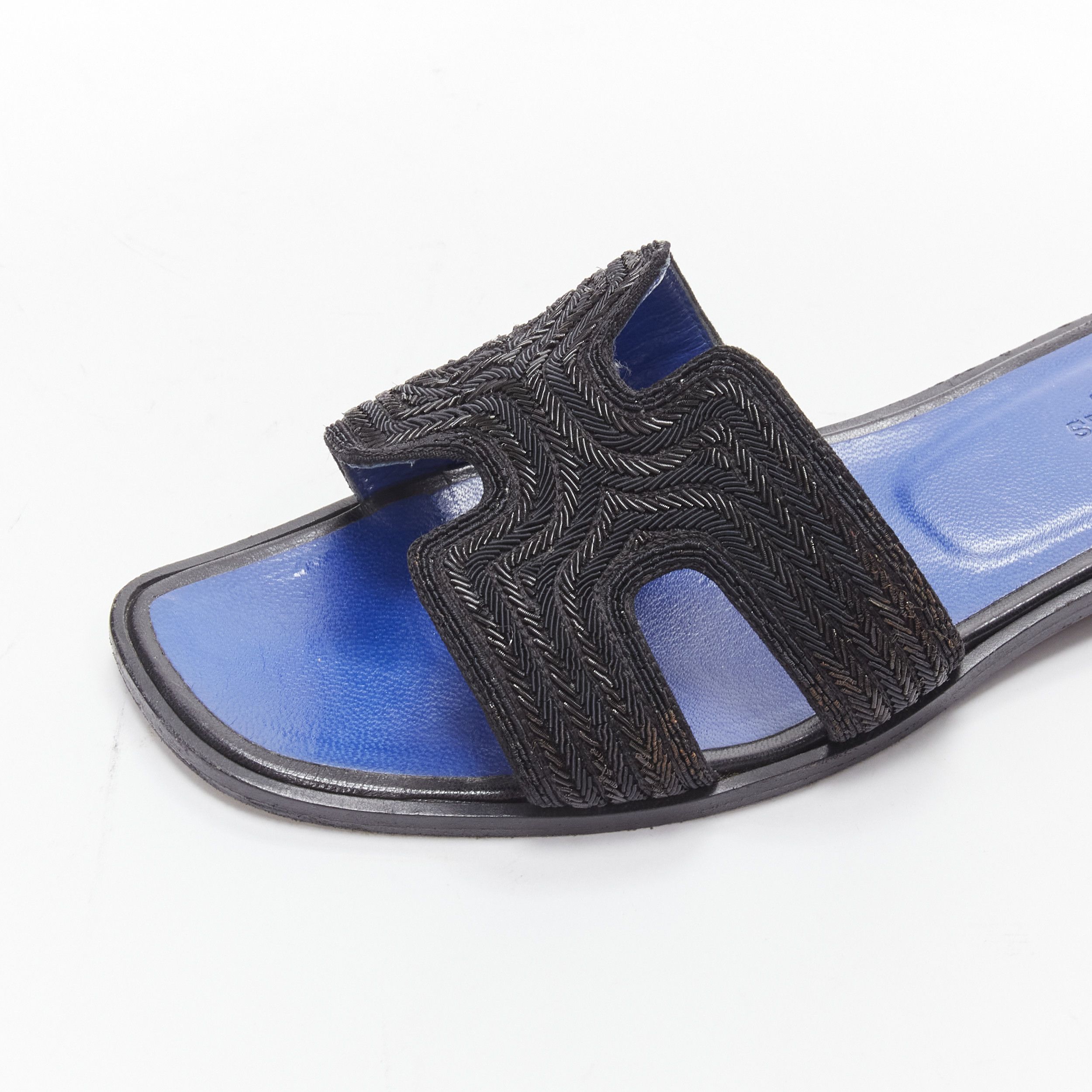 Hermes HERMES Oran H logo iconic black beaded blue insole sandals shoes EU 37 Size US 7 / IT 37 - 7 Thumbnail