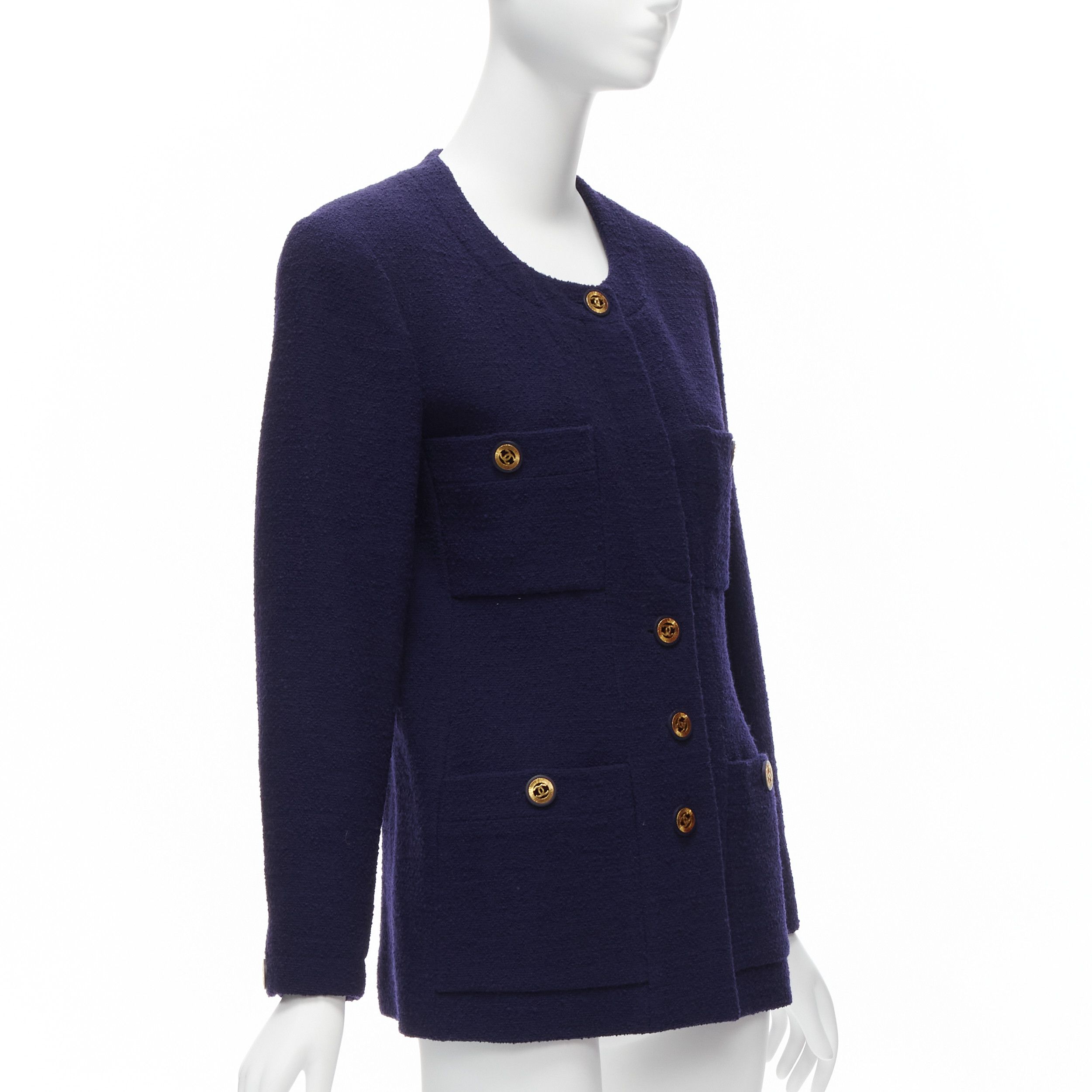 Chanel CHANEL Vintage navy blue tweed gold CC buttons 4 pocket jacket Size M / US 6-8 / IT 42-44 - 4 Thumbnail