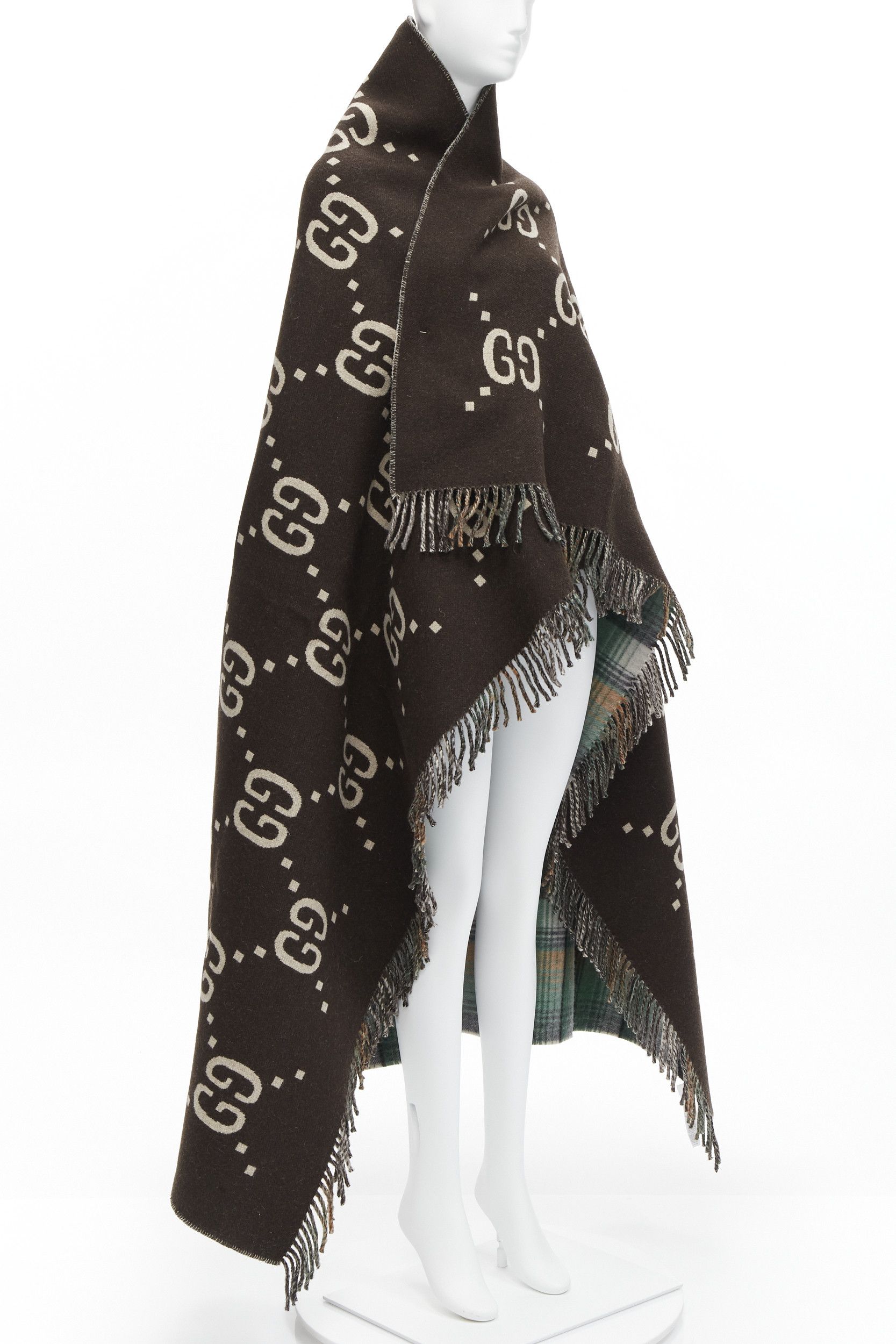 Gucci GUCCI 100% wool green red plaid tartan brown GG monogram blanket scarf Size ONE SIZE - 3 Thumbnail