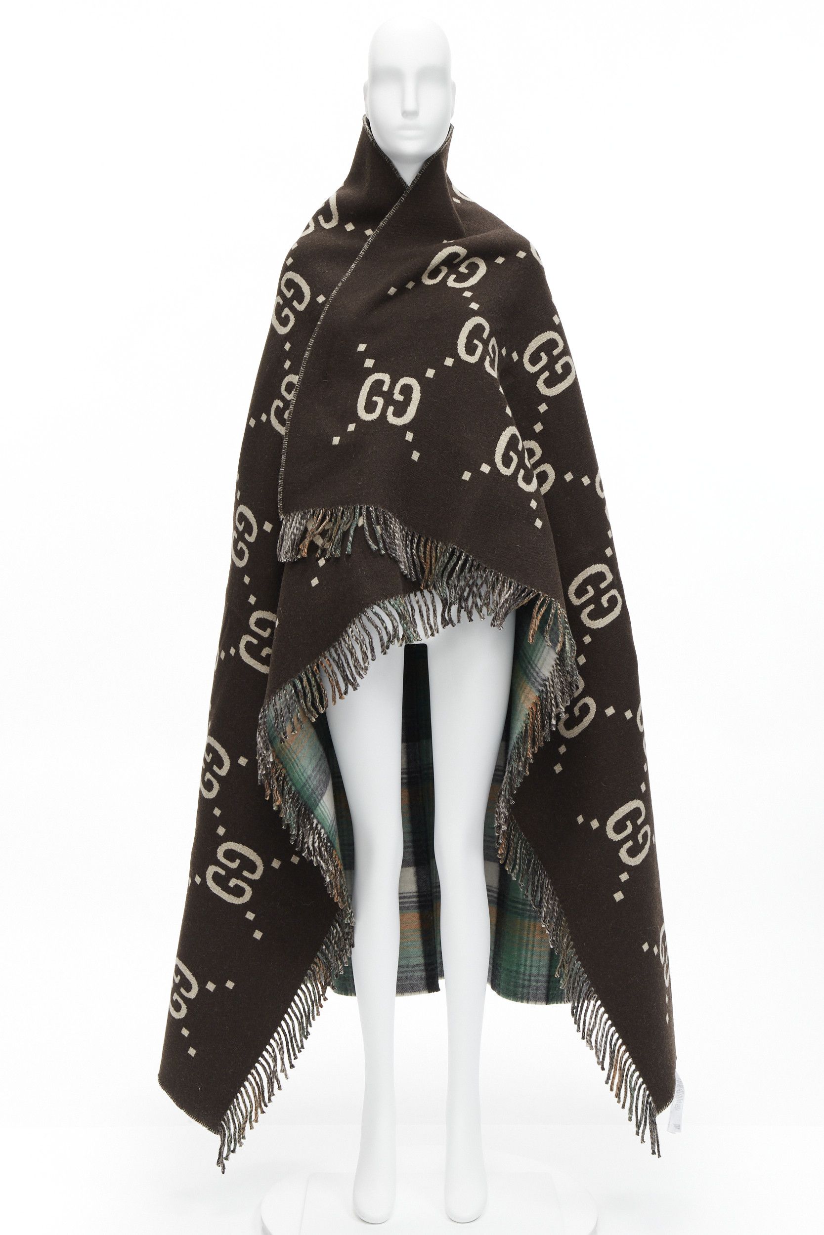 Gucci GUCCI 100% wool green red plaid tartan brown GG monogram blanket scarf Size ONE SIZE - 11 Thumbnail