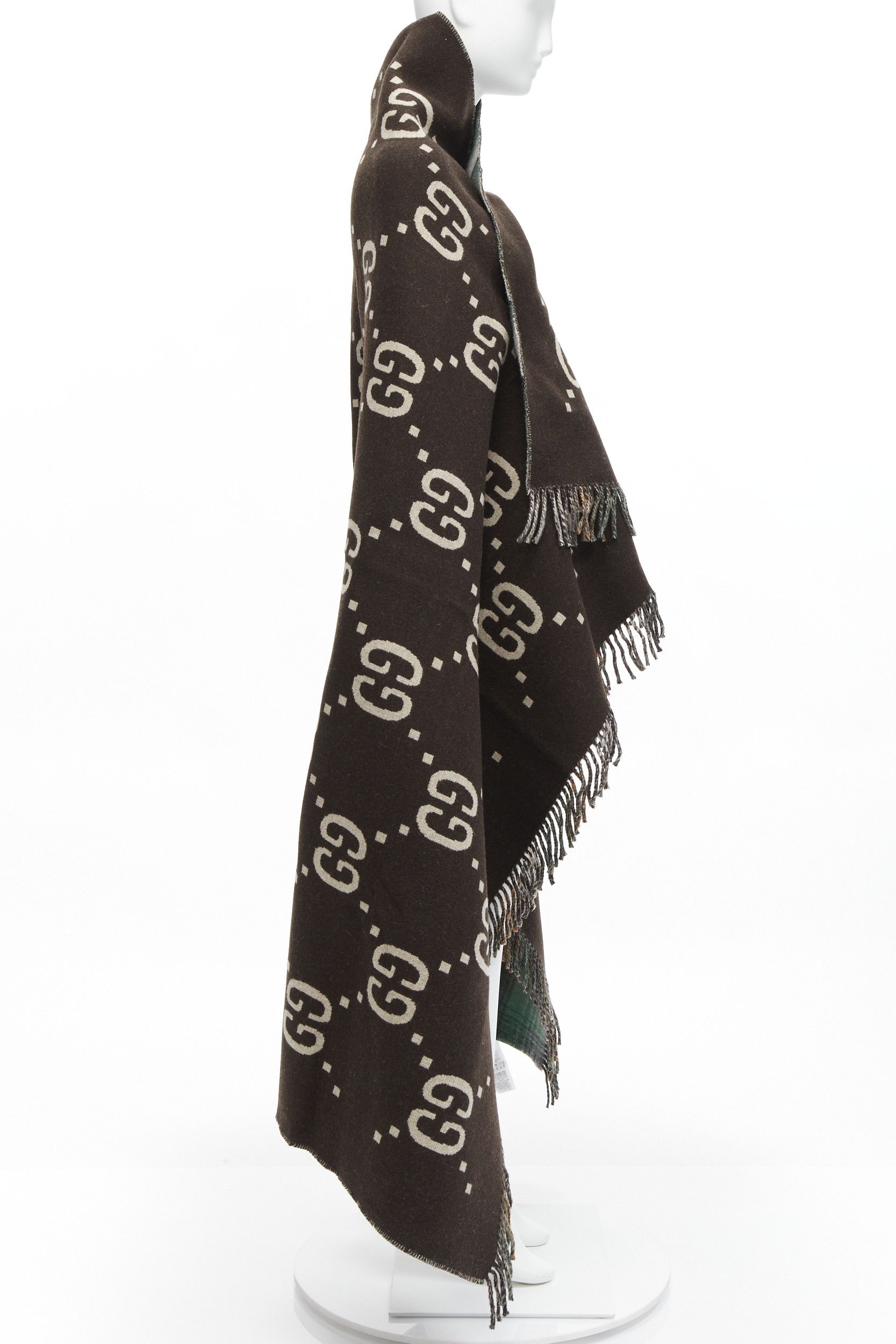 Gucci GUCCI 100% wool green red plaid tartan brown GG monogram blanket scarf Size ONE SIZE - 4 Thumbnail