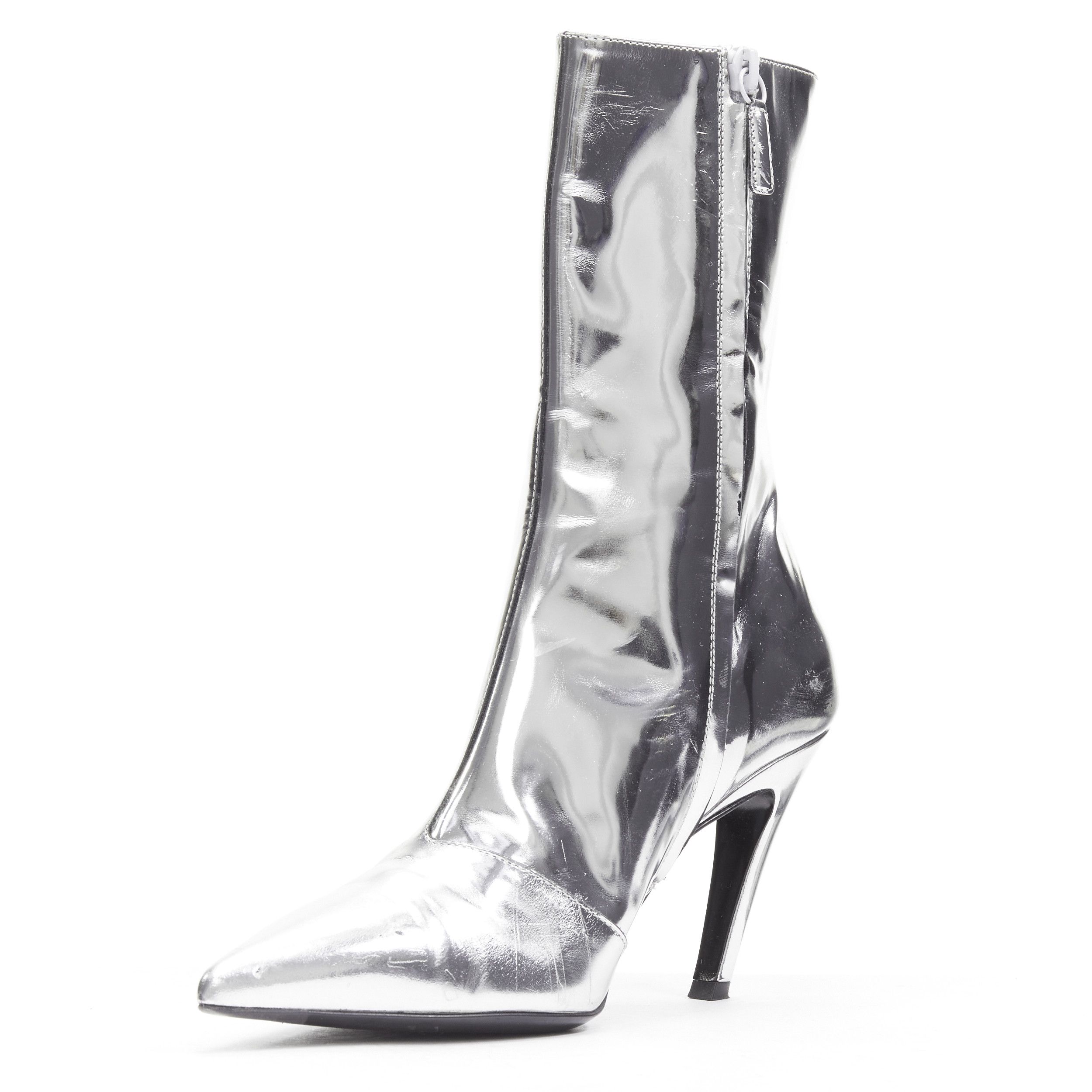 Balenciaga BALENCIAGA Demna silver metallic mirrored leather high ankle boots EU38 Size US 8 / IT 38 - 4 Thumbnail