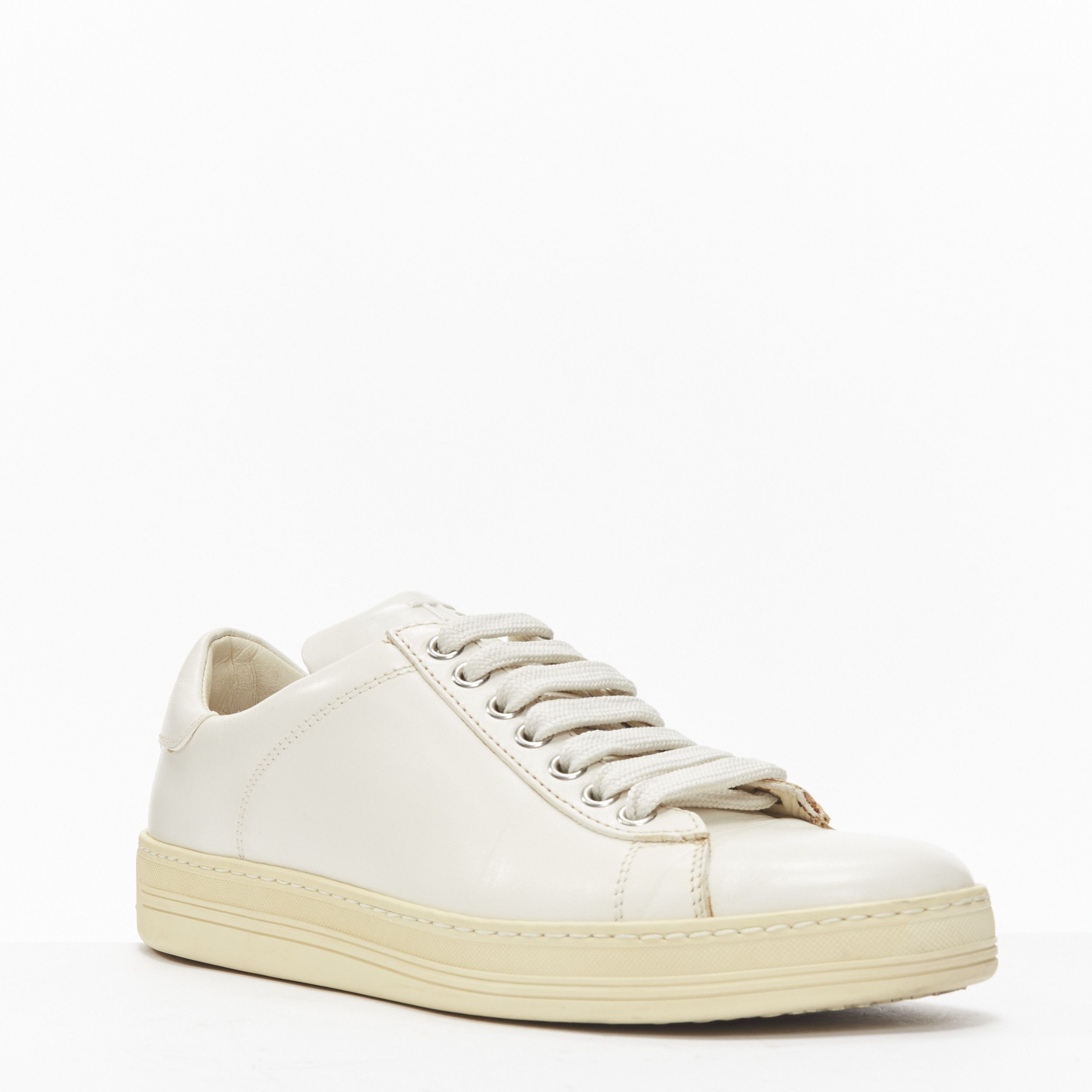 Tom Ford TOM FORD TF logo cream stiff leather minimal classic lace up sneakers EU36 Size US 6 / IT 36 - 2 Thumbnail