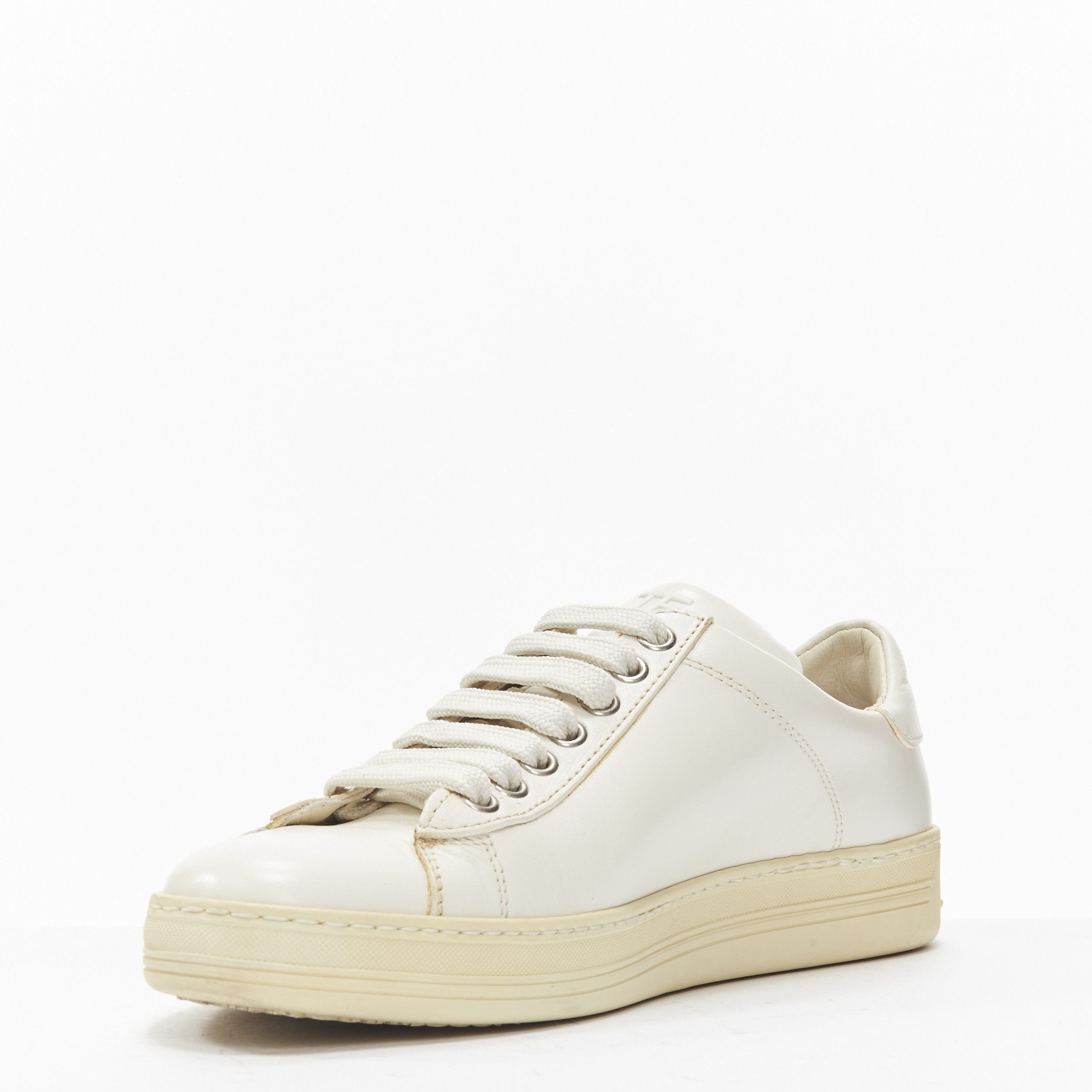 Tom Ford TOM FORD TF logo cream stiff leather minimal classic lace up sneakers EU36 Size US 6 / IT 36 - 3 Thumbnail