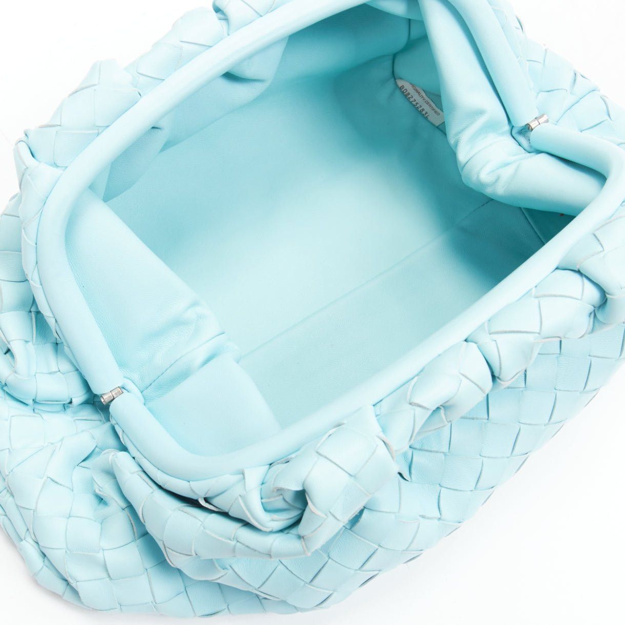 BOTTEGA VENETA The Pouch sky blue Intercciato woven leather magnetic clutch bag