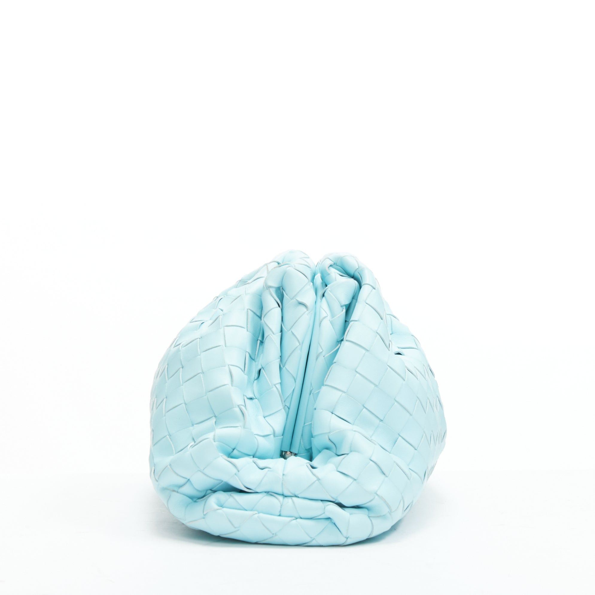BOTTEGA VENETA The Pouch sky blue Intercciato woven leather magnetic clutch bag