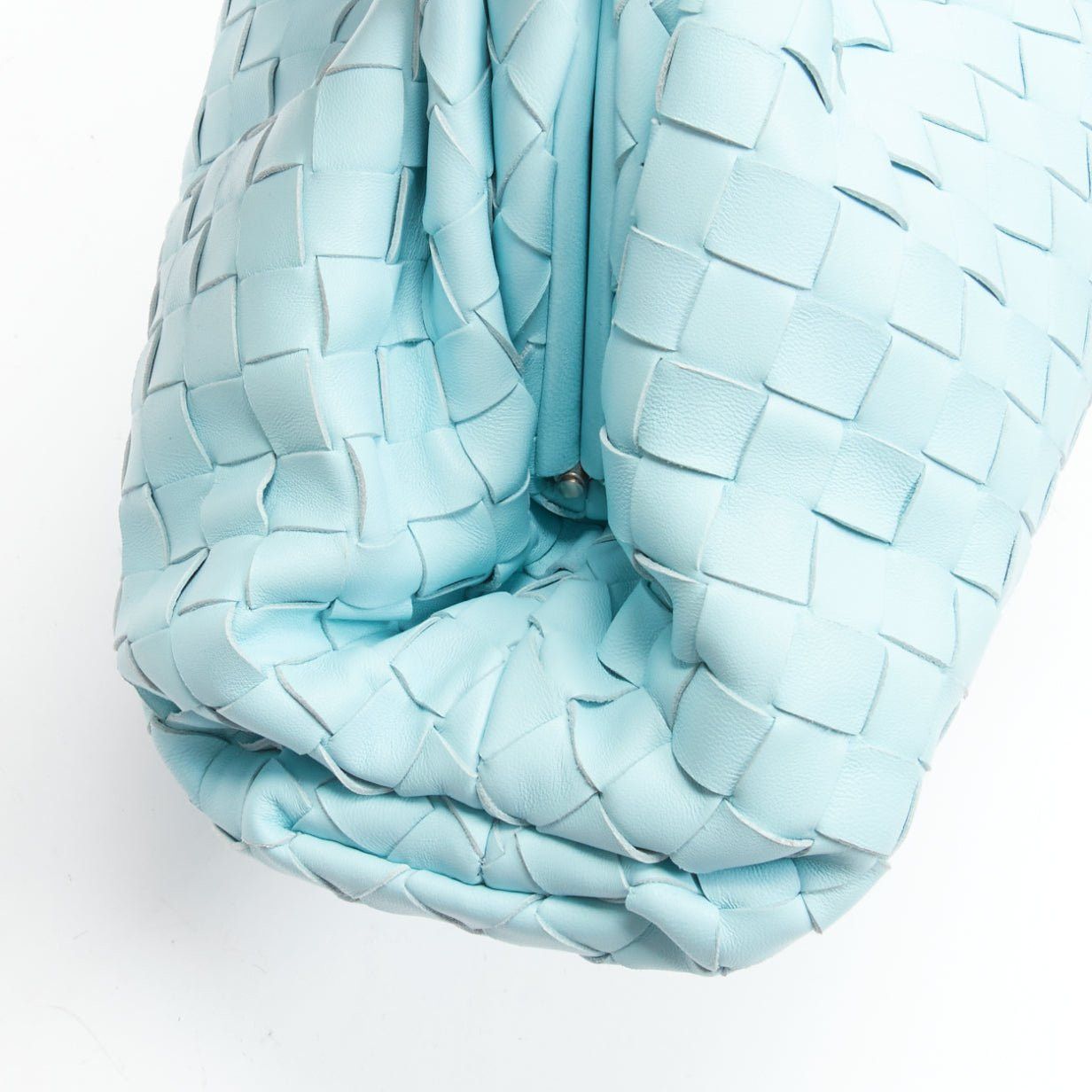 BOTTEGA VENETA The Pouch sky blue Intercciato woven leather magnetic clutch bag