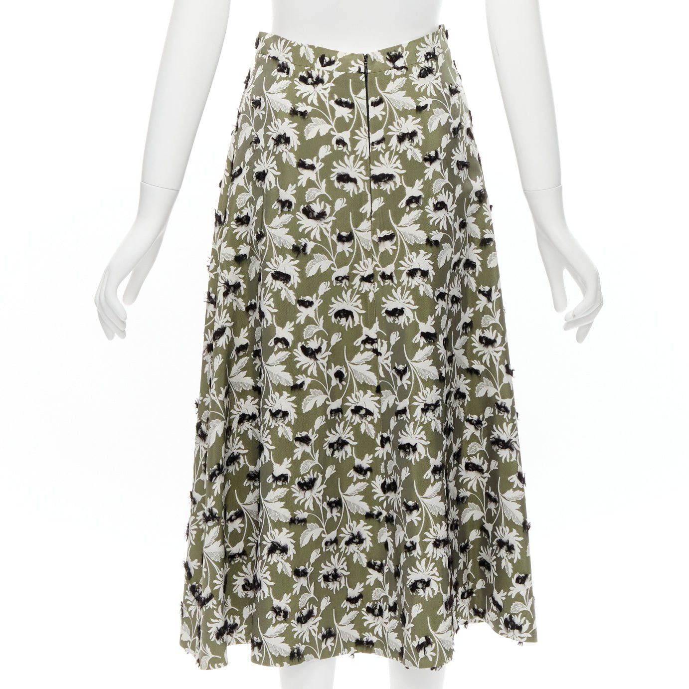 Balenciaga BALENCIAGA 2015 grey green black fringe embellishment white floral midi skirt FR36 S Size 27" / US 4 / IT 40 - 5 Thumbnail