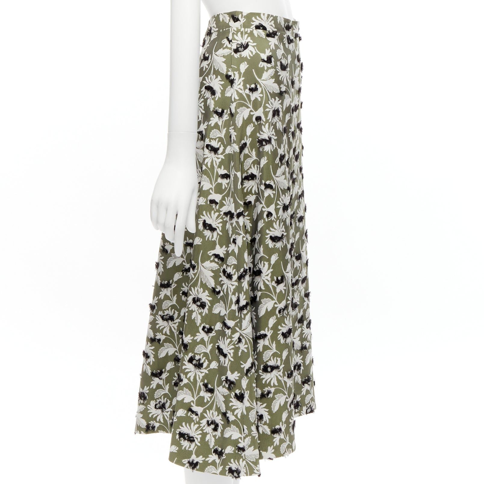 Balenciaga BALENCIAGA 2015 grey green black fringe embellishment white floral midi skirt FR36 S Size 27" / US 4 / IT 40 - 4 Thumbnail